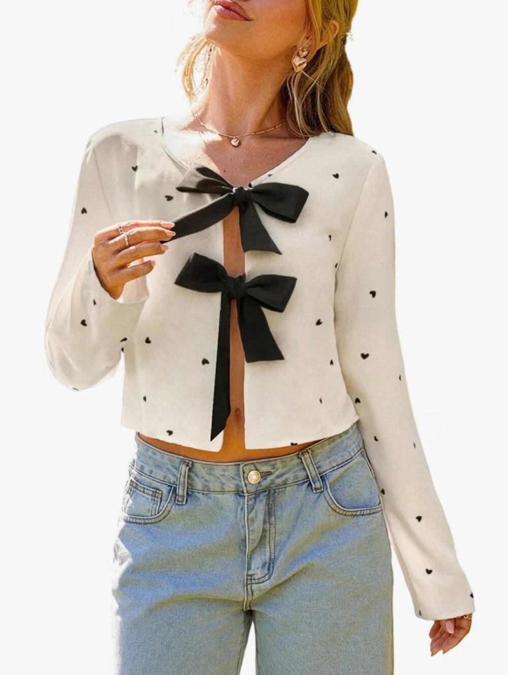 Blouses Heart Print Bow Tie Front Long Sleeve Going Out Crop Top